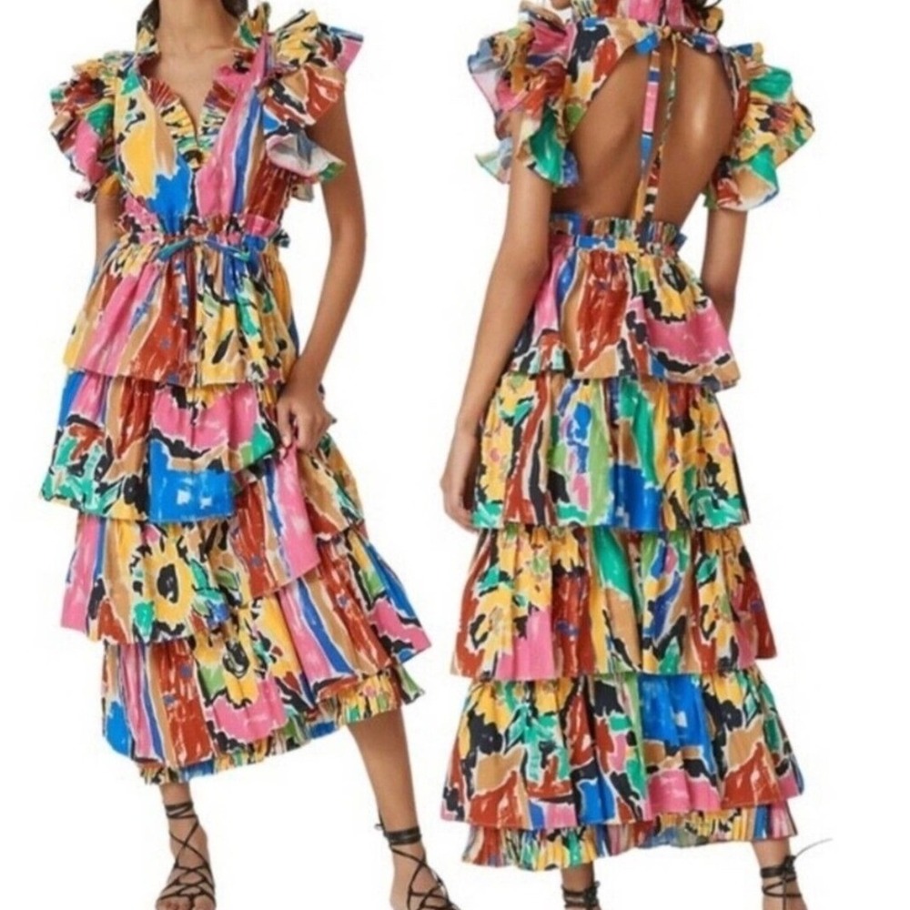 Love‎ the Label Penelope Ruffle Tiered Maxi Dress Abstract Multi Color Small